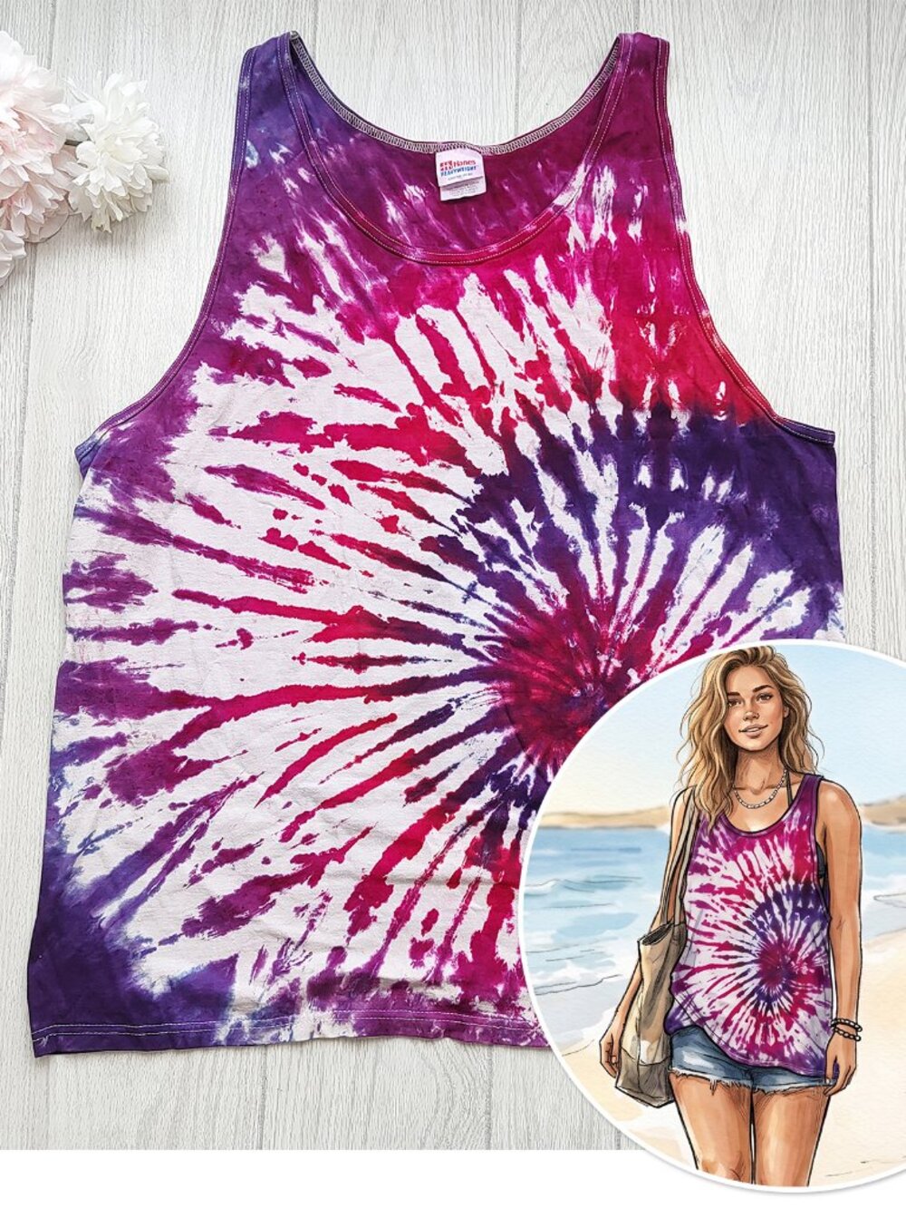 Vintage Y2K Artisan Tie Dye Pink Purple Tank Top Heavyweight Hanes Boho XXL